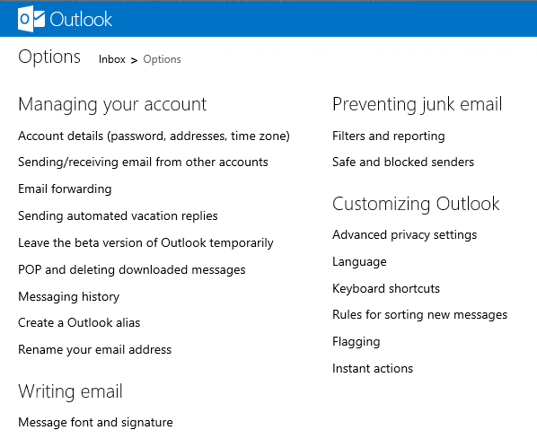 Outlook menu options window